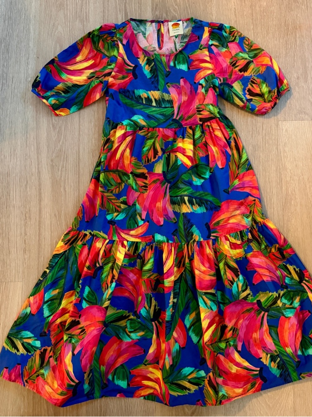 NWT Farm Rio Banana Mix Tropical Print Puff Sleeve Midi Dress - Blue Multi